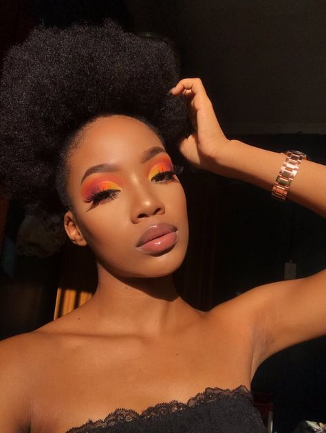 Orange Eye Makeup On Black Women, Black Women Orange Makeup, Orange Blush Dark Skin, Orange Smokey Eye Makeup Black Women, Pink And Orange Eyeshadow Looks Black Women, Orange Makeup, Makeup For Black Skin, Natural Afro Hairstyles, Pelo Afro