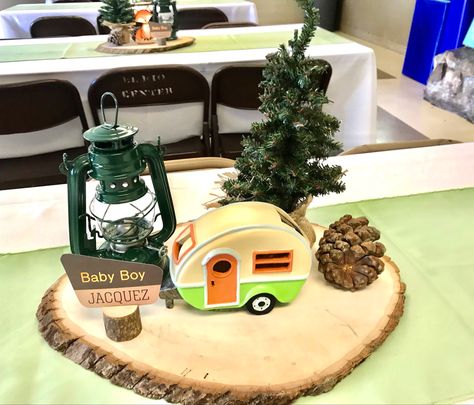 Camping Themed Table Decor, One Happy Camper Birthday Centerpieces, Camping Party Centerpiece Ideas, Camping Lantern Centerpieces, One Happy Camper First Birthday Centerpiece, Happy Camper Centerpieces, One Happy Camper Table Centerpieces, A Little Camper Is On The Way, Happy Camper Birthday Party Decoration