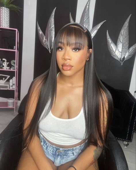 Wigs With Bangs Hairstyles, Install With Bangs, Straight Bang Wigs, Bangs With A Side Part Wig, Side Part Fringe Long Hair, Wig With Chinese Bangs For Black Women, Jt Bangs Side Part, Side Bangs Hairstyles Black Women, Side Part Bangs Wig