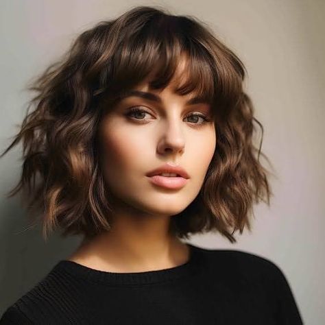 Dark Wavy Bob, French Bob With Bangs Mid Length, Chin Length Bob Hairstyles With Bangs, Curly Chin Length Bob, Short Bangs Curly Hair, Layered Bob Hairstyles Chin Length, Curly Layered Bob With Bangs, Curly Hair Bob With Bangs, Curly Short Hair With Bangs