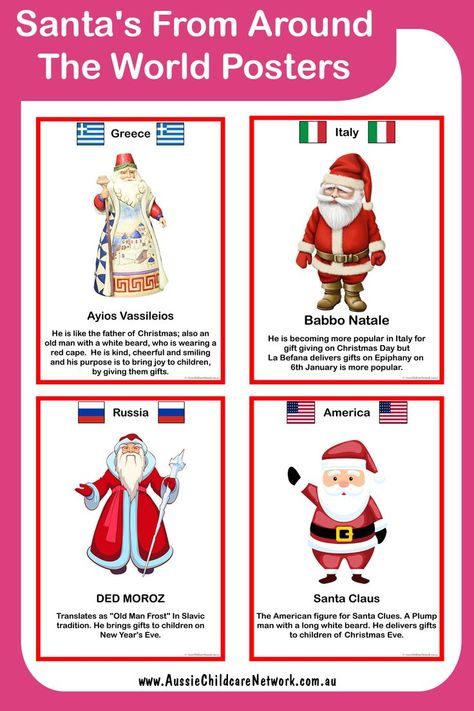 Santa's From Around The World Posters displays different images of Santa's in different countries and also provides a brief description of how Santa is depicted in each country. These are great for discussion points with children and incorporating different cultures within the learning environment. Aussie Childcare Network, Poster Display, Red Cape, White Beard, Santa Clause, Different Cultures, Epiphany, Different Countries, Learning Environments