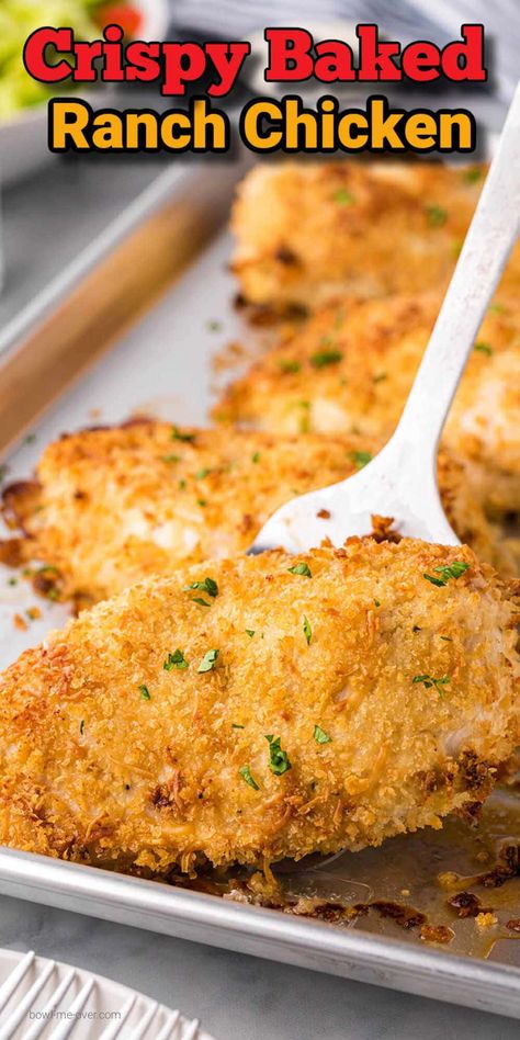 Crispy Baked Ranch Chicken, Easy Chicken Tender Dinner, Oven Baked Ranch Chicken Tenders, Breaded Ranch Chicken Baked, Crispy Ranch Chicken Tenders, Bake Breaded Chicken, Easy Bake Chicken Recipe, Crispy Chicken In The Oven, Chicken Breast Ranch Recipes