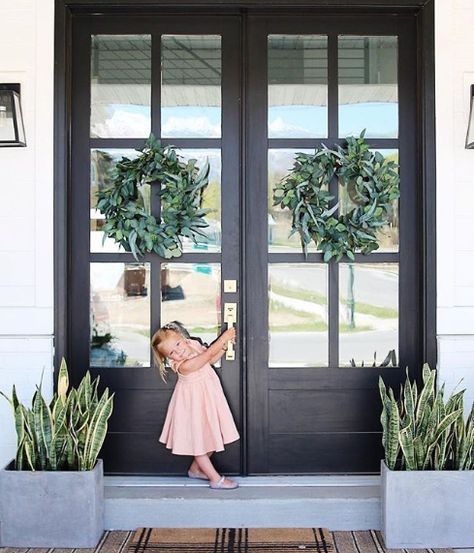 Jazz up your entryway with french doors and lots of fresh greenery. Snake plants can live through anything. Trim Windows, House Finishes, Louvre Doors, Front Door Inspiration, Front Door Styles, Beautiful Front Doors, Farmhouse Front Door, Black Front Doors, Summer Front Porches