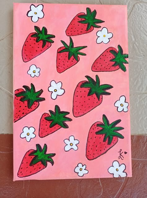 Strawberry Painting Easy Cute, Summer Acrylic Painting Ideas Canvases, Fruit Easy Painting, Strawberry Painting Acrylic Easy, Strawberry Shortcake Painting Canvas, Cute Easy Summer Paintings, Aesthetic Summer Paintings, Easy Kids Painting Ideas, Strawberry Painting Ideas