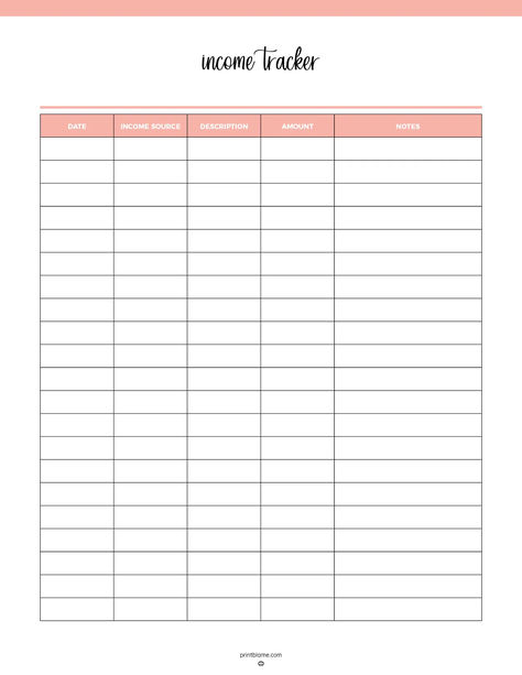 Printable income tracker template with columns for date, income source, description, amount, and notes, designed to help users organize and track income details effectively. Income Tracker Printable Free, Notes Making, Income Sources, Income Tracker, Tracker Free, Household Expenses, Side Income, Revenue Streams, Tracker Printable