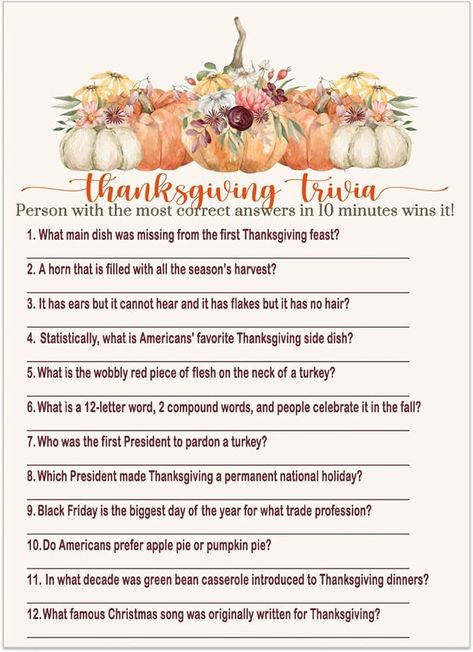 Amazon.com: Rustic Thanksgiving Trivia Game - Fun Party Activity for Adults, Family, Friendsgiving - Fall Showers Pumpkin Floral Design - 5x7 Cards, 25 Guests - Perfect for Turkey Day Ideas : Home & Kitchen Trivia Party, Thanksgiving Trivia, Fun Thanksgiving Games, Activity For Adults, Thanksgiving Facts, Rustic Thanksgiving, Easy Lunch Ideas, Fun Moments, First Thanksgiving