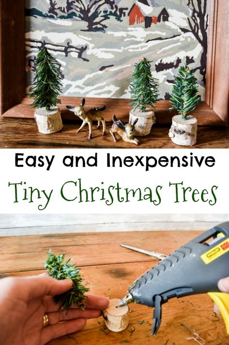 Easy and Inexpensive DIY Tiny Christmas Trees - Zucchini Sisters Diy Christmas Village Trees, How To Make Tiny Christmas Trees, Christmas Village Diy How To Make, Diy Trees For Christmas Village, Porcelain Houses Christmas, Miniature Christmas Trees Diy, Diy Miniature Christmas Village, Christmas Village Diy Accessories, Miniature Village Diy