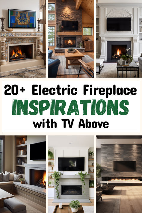 Collage of electric fireplace ideas with TVs above, highlighting diverse design aesthetics for the home. Mantel Above Tv, Fake Fireplace Ideas With Tv, Fireplace Mantle With Tv Above, Wall Mounted Electric Fireplace Under Tv, Gas Fireplace Ideas With Tv Above Wood Mantle, Tv Fireplace Wall Ideas Vaulted Ceiling, Gas Insert Fireplace Ideas With Tv Above, Free Standing Electric Fireplace Ideas Living Rooms, 3 Sided Fireplace Ideas With Tv