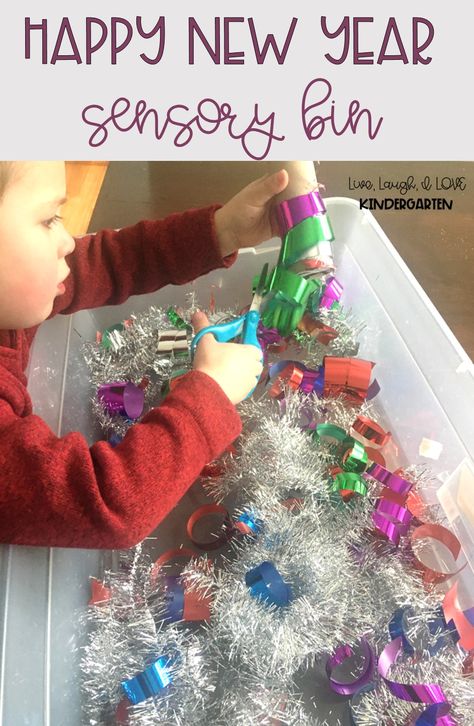 New Years Sensory Bin, New Years Activities Preschool, New Year Sensory Bin, January Lesson Plans, Sensory Bin Ideas, New Year's Eve Crafts, Toddler Sensory Bins, Kids New Years Eve, January Activities