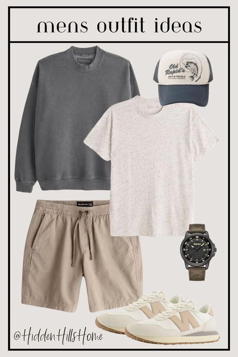 Causal and elevated men’s outfit idea with shorts, an essential tee, and a crew sweatshirt paired with sneakers and a trucker hat Mens Target Outfit, Mens Clothing Styles Florida, Mens Everyday Outfits Summer, Comfy Summer Outfits Men, Athleisure Fashion Men, Man Home Outfit, Abercrombie Mens Outfits, Cool Boy Outfits Aesthetic, Collage Outfits Men