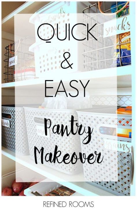 A coat of paint, some new shelf liner, removable wallpaper and the addition of a few new stylish storage products is all it took to complete this quick & easy pantry makeover via Refined rooms Pantry Shelf Liner, Kitchen Pantry Makeover, Small Fridge Organization, Small Pantry Organization, Under Kitchen Sink Organization, Pantry Makeover, Storage Products, Diy Pantry, Small Pantry