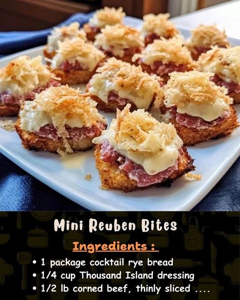 Ingredients: 1 package cocktail rye bread 1/4 cup Thousand Island dressing 1/2 lb corned beef, thinly sliced... Cocktail Rye Bread, Mini Reuben Sandwiches, Book Club Snacks, Rye Bread Recipes, Appetizer Sandwiches, Thousand Island, Reuben Sandwich, Thousand Island Dressing, Bread Appetizers