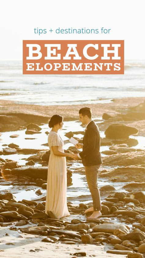 Tips + destination ideas for your beach elopement wedding Diy Beach Elopement, Beach Wedding Elopement Ideas, Laguna Beach Elopement, Elopement Ideas Beach, Elope Destination, Beach Elopement Ceremony, Beach Elopement Ideas, Casual Beach Wedding, Outdoor Elopement