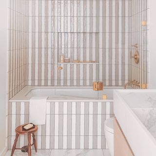 Bathroom Stripes Tiles, Striped Bathroom Floor, Striped Tiles Bathroom, Stripe Bathroom Tile, Striped Tile Shower Walls, Striped Backsplash, Striped Tile Bathroom, Small Bathroom With Freestanding Tub, Striped Shower Tile