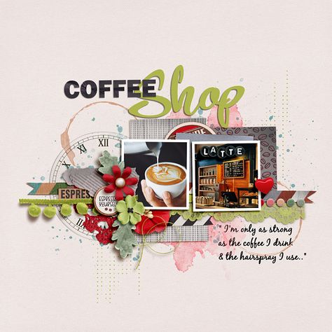 Coffee Shop - Scrapbook.com Coffee Scrapbook, Scrap Paper Crafts, Scrapbooking 101, Clock Template, Smash Book Pages, Mixed Media Layout, Scrapbook Patterns, Scrapbooking Pages, Disney Scrapbook Pages