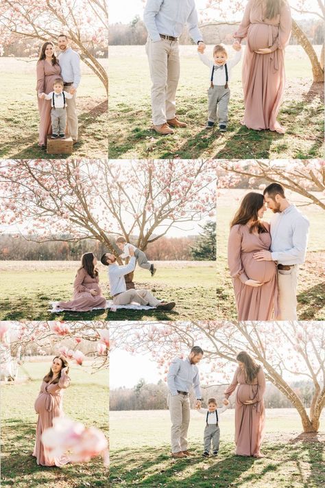 Six images make up this collage from a spring blossom maternity session in West Hartford, Connecticut. Easter Maternity Photoshoot, Spring Maternity Photoshoot Ideas, Spring Maternity Photos Outfits, Spring Maternity Photos Family, Maternity Photo Poses With Toddler, Spring Maternity Photoshoot, March Maternity Pictures, Maternity Photo Shoot With Toddler, Early Spring Maternity Pictures