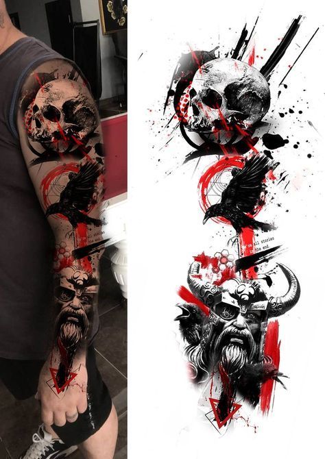 Skull Tattoos Leg Sleeve, Viking Trash Polka Tattoo, Trash Polka Arm Tattoo, Trash Polka Sleeve Tattoo, Trash Polka Tattoo Designs Sleeve, Polka Trash Tattoo Men, Trash Polka Tattoo Designs Ideas Art, Trash Polka Tattoo Designs For Men, Trash Polka Skull Tattoo