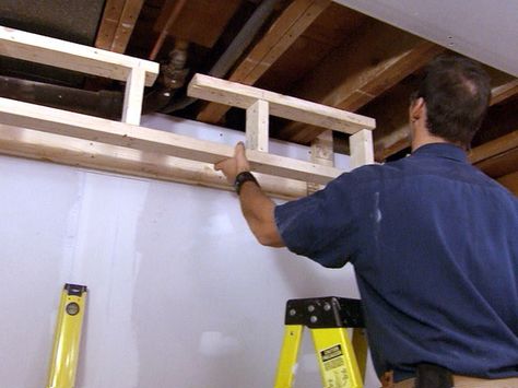 How to Build a Soffit : For duct in media room Basement Framing, Framing A Basement, Soffit Ideas, Home Theatre Ideas, Finishing A Basement, Coffer Ceiling, Basement Ceilings, Industrial Basement, Basement Refinishing