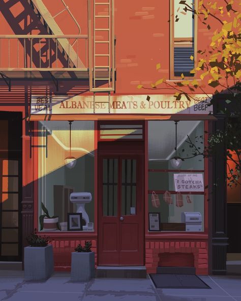 ArtStation - New York City Storefront, Isaac Orloff Cartoon Building, Environment Painting, Bg Design, Building Illustration, City Background, Background Drawing, City Illustration, Arte Inspo, Architecture Illustration