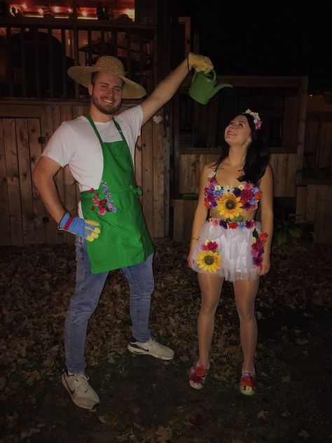 51 BEST Couples Halloween Costume Ideas! Diy Gardener Costume, Gardener And Plant Costume, Garden And Gardener Costume, Gardener Costume Women, Gardener And Flower Costume Couple, Flower And Gardner Costume Couple, Gardener Halloween Costume, Gardener And Flower Costume, Flower And Gardener Costume Couple