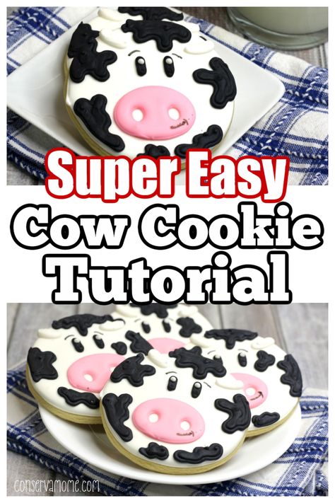 This super easy cow cookie tutorial is such a blast to make. Perfect for a farm themed party or just because. Best of all you'll be shocked at how easy it is to make! Cow Cookies, Farm Cookies, Cow Cakes, Farm Themed Party, Cookie Tutorials, Animal Cookies, Cookie Icing, Iced Cookies, Cut Out Cookies