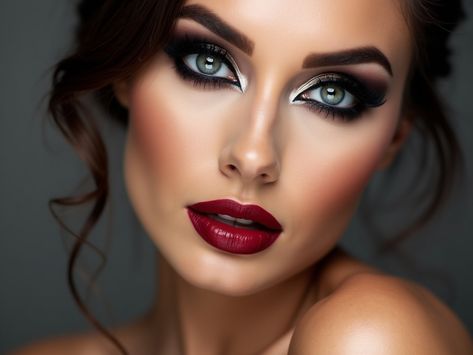 Step into glamour with this close-up portrait featuring bold smoky eyes and deep red lipstick. Blended dark eyeshadow and black eyeliner accentuate the eyes, while rich red lips add elegance and drama. The lighting highlights the contrast and depth of the makeup, making this look perfect for evening events. Smokey Eye And Red Lipstick, Dark Lipstick Looks, Smokey Eye Red Lip, Red Smokey Eye Makeup, Pirate Makeup, Red Smokey Eye, Deep Red Lipsticks, Vampy Lips, Smoked Eyes