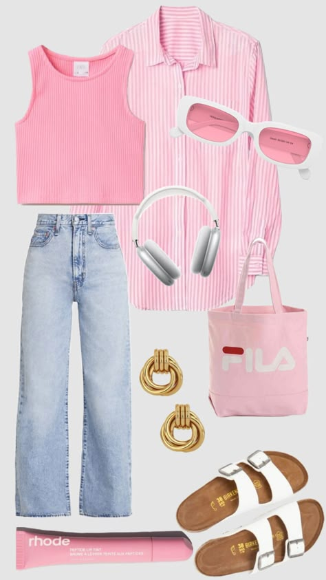 #pink #pinkaesthetic #rhode #inspiration #ootd #pinterest Pink Cotton Shirt Outfit, Pink Inspo Outfits, Subtle Pink Outfits, Pink Ootd Aesthetic, Pink Jean Skirt Outfit, Colorful Minimalist Outfit, Cute Spring Birthday Outfits, Pink 90s Outfit, Pink Tee Outfit