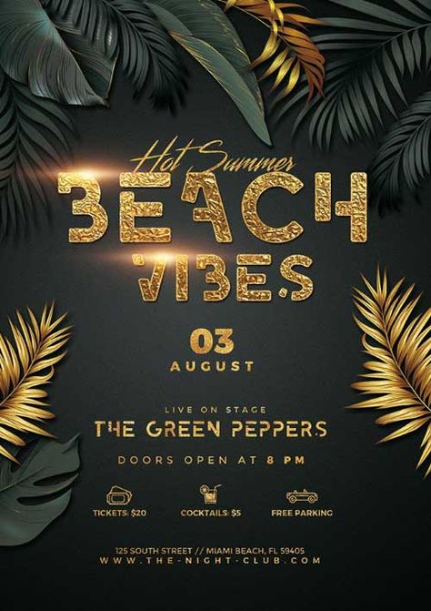 Check out the Beach Vibes Party Flyer Template for your next club and party event. Take advantage of this premade PSD template for Photoshop - More amazing template on FFFLYER - Club & Party, DJ Flyer, Elegant Flyer, Flyer Templates, Party Flyer, Summer Flyer, Typo Flyer Photoshop Poster Design, Elegant Flyer, All Black Party, Party Flyer Design, X Banner, Dj Flyer, Club Party Flyer, Adobe Photoshop Design, Music Flyer