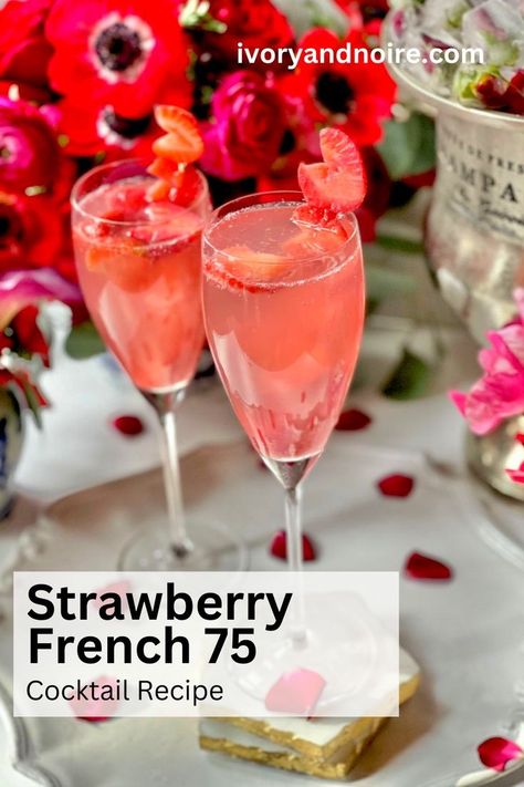 Looking for a delicious and refreshing cocktail that packs a punch? Look no further than the Strawberry French 75! This classic drink has been around since the 1920's and is made with gin, sparkling wine, strawberries, and lemon juice. Enjoyed by many, the Strawberry French 75 is the perfect summer cocktail to enjoy with friends. French 75 Punch, Wine Strawberries, Galentines Cocktails, Strawberry Cocktail Recipe, French 75 Recipe, Empress Gin, French 75 Cocktail Recipes, Strawberry Gin, Strawberry Simple Syrup