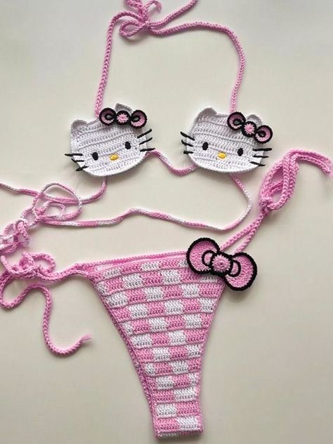 Hello Kitty Crochet Bathing Suit, Hello Kitty Scarf Crochet, Hawaiian Hello Kitty Crochet, Strawberry Bra Crochet, Crochet Butterfly Top Pink, Crochet Projects, Outfit Accessories, Crochet, Clothes