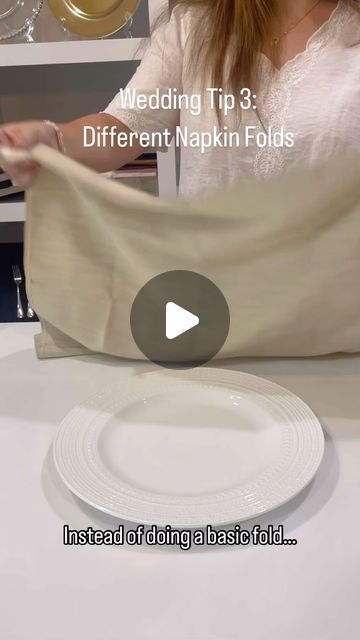 Waterford Event Rentals on Instagram: "Wedding tip #3 3️⃣  Instead of doing a classic tri fold on top, maybe try one of these options! It’s so fun to play around with different napkin folds!  Looking into a knot fold or menu fold can really spice up your table design!   Which fold is your favorite? Let us know!  #Waterford #WaterfordEventRentals #Wedding #WeddingInspo #WeddingIdeas #WeddingDesign #weddinginspiration #WeddingPhotography #Engaged #Engagement #Love #WeddingHack #WeddingTip #WeddingTips" Menu Fold Napkin, Hexagon Napkin Fold, Wedding Menu Napkin Fold, Wedding Napkin Knot, Unique Table Setting Ideas, Easy Wedding Napkin Folds, Simple Wedding Napkin Folds, Napkin Folding For Wedding, Knotted Napkin Wedding