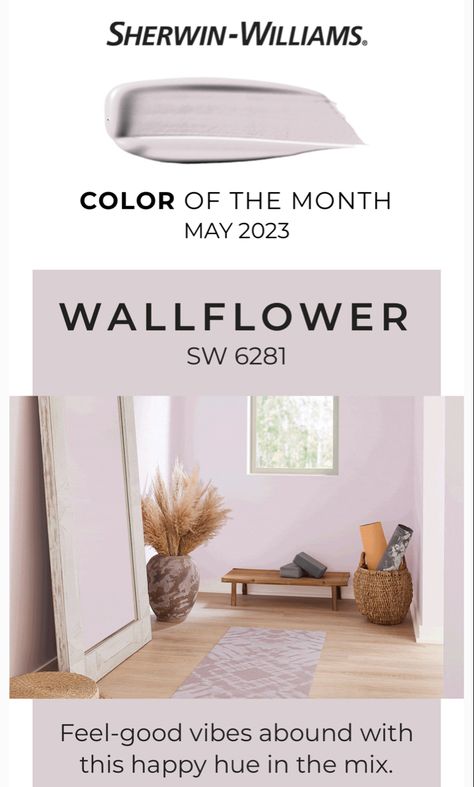 Color of the month, May 2023 Sherwin Williams Wallflower, Lavender Paint Colors, Lilac Walls, Lavender Paint, Color Of The Month, Month May, Bedroom Paint Colors, May 2023, Bedroom Paint