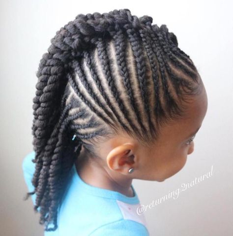 Girls Mohawk With Cornrows And Twists Crochet Braids Hairstyles For Kids, Girl Mohawk, Braid Styles For Girls, Kid Hairstyles, Kid Hair, Kids Braids, Kid Braid Styles, Children Hair