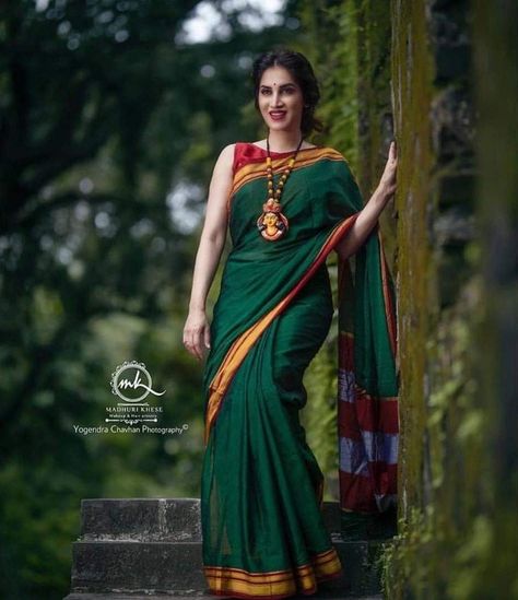 Khan Saree Marathi, Green Cotton Saree, Ilkal Saree, Webpage Design Layout, Alternative Fashion Grunge, Maharashtrian Saree, Saree Wearing Styles, Saree Looks, Nauvari Saree