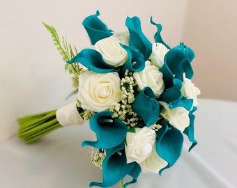 Teal Wedding Bouquet | Etsy Bridal Bouquet Dark, Teal Wedding Bouquet, Teal Wedding Flowers, Calla Lily Wedding Flowers, Teal Bouquet, Wedding Peacock, Calla Lily Bridal Bouquet, Faux Flowers Wedding, Lily Bridal Bouquet