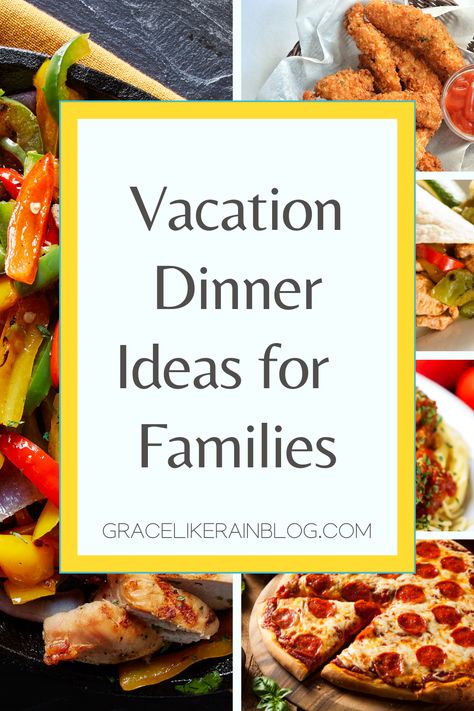 Most vacation rental homes have a full kitchen so that you can prepare meals for your family while you are on vacation. We’re sharing the best vacation dinner ideas that will get dinner on the table in a hurry. We will tell you exactly what to serve for dinner on family vacation so that you can relax. This dinner guide is great for big families or families with children. | What to serve for dinner on vacation | what to serve for dinner for large family | Vacation rental dinner menu ideas Dinner For Large Family, Vacation Dinner Ideas, Large Family Dinner Ideas, Family Vacation Meals, Beach Vacation Meals, Easy Vacation Meals, Dinner Ideas For Families, Vacation Meal Planning, Vacation Dinner