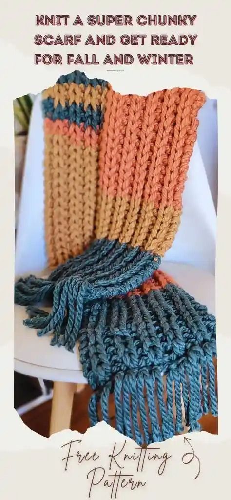 Knit a Cozy Bulky Scarf using a Slip Stitch Pattern.                                     Fall vibes with the colors. Learn how to knit a stylish bulky scarf using a slip-stitch rib pattern. This beginner-friendly project is perfect for staying warm and fashionable this winter. Get the free pattern now! #KnittingInspiration #HandmadeScarf #WinterFashion” No Purl Ribbed Scarf Free Pattern, Jumbo Yarn Scarf Pattern, Fishermans Rib Scarf, Bulky Knit Scarf Pattern, Knit Scarf Beginner Pattern, Scarf Stitches Knit, Wool Ease Thick And Quick Patterns Free, Knit Chunky Scarf Patterns Free, Chunky Yarn Scarf Knit Pattern Free