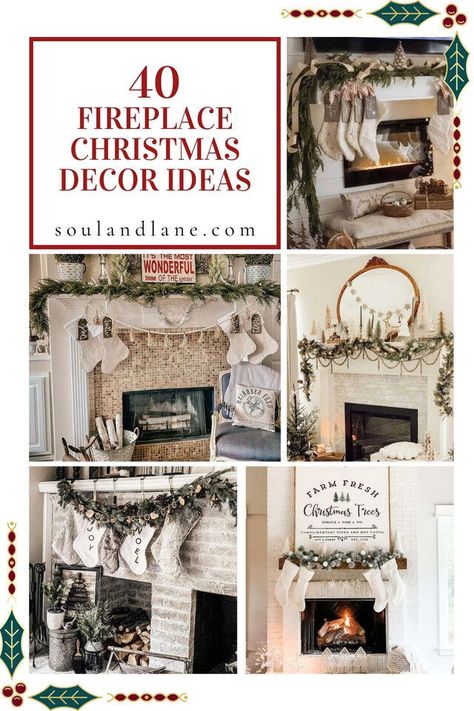 Turn your fireplace into a captivating holiday focal point! Explore decor ideas from garlands to stockings that bring warmth, magic, and festive charm to your hearth and home during the Christmas season. Christmas Stocking Charms, Stockings On A Mantle, Christmas Mantle Stocking Decor, Farmhouse Christmas Fireplace Mantel, Rustic Fireplace Christmas Decorations, Christmas Stockings On Mantle, Christmas Mantle With Stockings Decor, Fireplace Hearth Christmas Decor, Brick Fireplace Christmas Decor