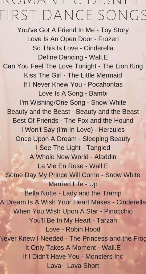 Wedding Somgs, Disney Wedding Songs, Romantic Disney, Perfect Wedding Songs, Wedding Song Playlist, Disney Playlist, Wedding Music Playlist, Country Wedding Songs, First Dance Wedding Songs