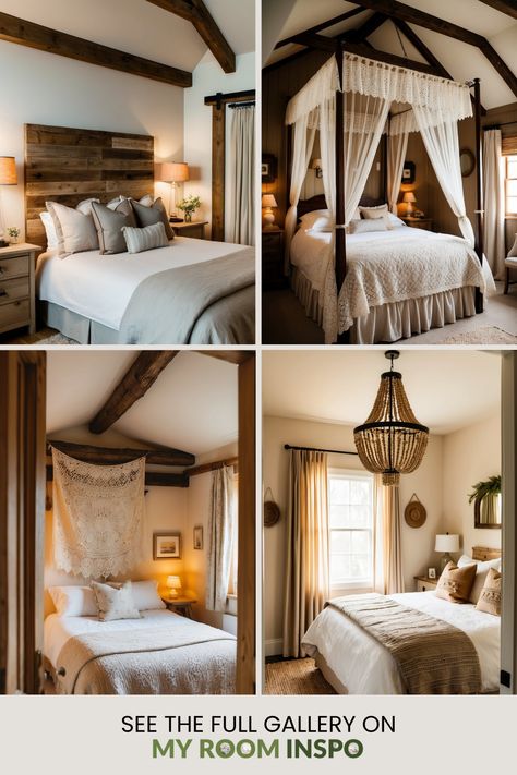 Explore the cozy and inviting charm of 55 cottage bedroom ideas featuring soft colors and rustic decor elements. The pin includes 4 images showcasing different styles, from vintage furniture to elegant wall art, designed to create a dreamy atmosphere in your bedroom. Cottage Bedroom Ideas, Cottage Bedrooms, Reclaimed Wood Headboard, Dreamy Atmosphere, Iron Bed Frame, Charming Cottage, Macrame Wall Decor, Wooden Dresser, Cottage Bedroom