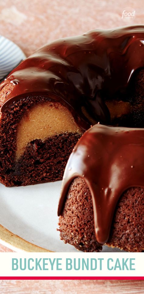 Recipe of the Day: Buckeye Bundt Cake 🍫 The classic flavors of buckeye candy (chocolate and peanut butter) are the winning combination in this crowd-pleasing Bundt cake. A creamy peanut butter cheesecake mixture is sandwiched inside rich chocolate cake, and a final topping of melted semisweet chocolate makes it irresistible. You can even bake and glaze it a day or two ahead and store it in the fridge. Buckeye Bundt Cake, Buckeye Cake, Buckeye Candy, Cheesecake Mixture, Chocolate And Peanut Butter, Chocolate Bundt Cake, Peanut Butter Cheesecake, Rich Chocolate Cake, Fair Food Recipes