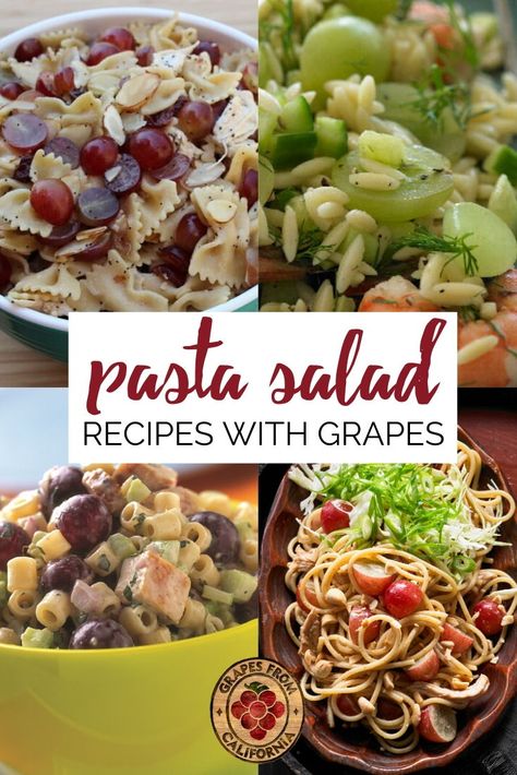 These cold pasta salad recipes for a crowd are perfect for lunch, and include ingredients like chicken, shrimp, mayo, and grapes, and use pastas like bowtie, spaghetti, macaroni, and orzo.  Great in the summer, these easy pasta salad recipes are better with sweet California grapes.  #cold #easy #bowtie #foracrowd #creamy #summer #chicken #withmayo #best #spaghetti #shrimp #classic #macaroni #simple #orzo #sweet #pastasaladrecipes #pastasalad Salad Recipes With Grapes, Simple Orzo, Spaghetti Shrimp, Recipes With Grapes, Salad Grapes, Salad Recipes For A Crowd, Easy Pasta Salad Recipes, Salad Options, California Recipes