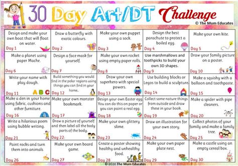 30-Day Art/DT Challenge for kids - Activities + Free Printable - The Mum Educates Make A Family Tree, 30 Day Art Challenge, Free Activities For Kids, Challenges Activities, Stuck At Home, Homeschool Art, Home Learning, 30 Day Challenge, Drawing Challenge