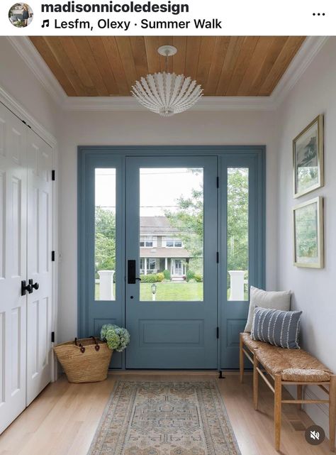 Blue Entrance Hall, Blue Doors Front Entrance, Colorful Front Door, Woven Bench, Entry Closet, Hallway Inspiration, Foyer Decor, Greenwich Ct, Coastal Blue