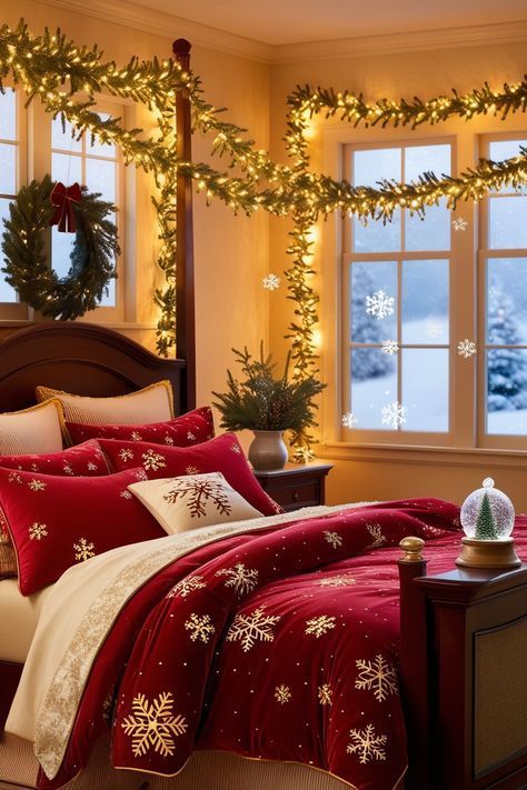 Christmas Aesthetic Cozy Bedroom, Christmas Aesthetic Cozy, Aesthetic Cozy Bedroom, Cozy Christmas Bedroom, Festive Bedding, Christmas Bedroom Decor Ideas, Christmas Bedroom Decor, Soft Christmas, Christmas Decorations Bedroom