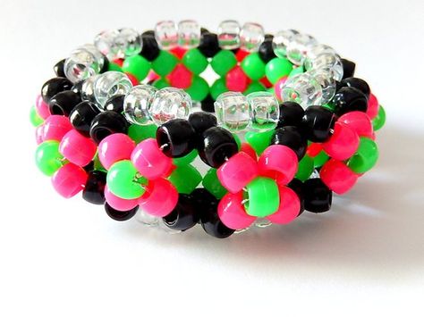 Neon Watermelon Kandi Cuff, Pink, Green 3D Disc Cuff, Rave Plur Kandy 3d Kandi Cuff, 3d Kandi, Scene Kandi, Pulseras Kandi, Diy Kandi Bracelets, Kandi Cuffs, Kandi Inspo, Pony Bead Bracelets, Disc Style