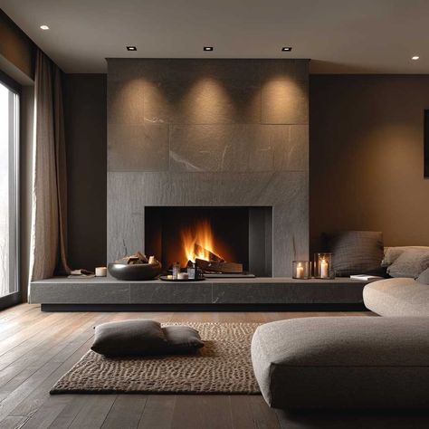 Fire In Living Room, Fireplace With Seating Ledge, Mediterranean Fireplace Ideas, Three Sided Fireplace Ideas, Mid Century Modern Fireplace Ideas, Fireplace Tv Wall Modern Interior Design, Brown Modern Living Room, Living Room Chimney, Small Fireplace Ideas