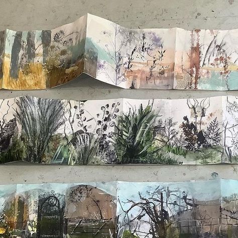 Concertina Sketchbooks on Instagram: "Two days and over 200 pages of beautiful concertina sketchbook pages @lundstudios . Imagine if we had a week! 😍 We are working on a garden/allotment/jungle theme - growing and building layers of collage, pens, ink, paint into glorious expressive pages. . . . . #lundstudios #karen_stamper_collage #concerinasketchbooks #gardensketchbook #freeupyoursketchbookandgrow #artjournaling #myartstyle #onlinecourses #creativejournal #collage_creatives #confidencecoach Concertina Book, Imagine If, Artist Sketchbook, Art Folder, Collage Art Mixed Media, Sketchbook Pages, Abstract Art Landscape, Jungle Theme, Sketchbook Journaling