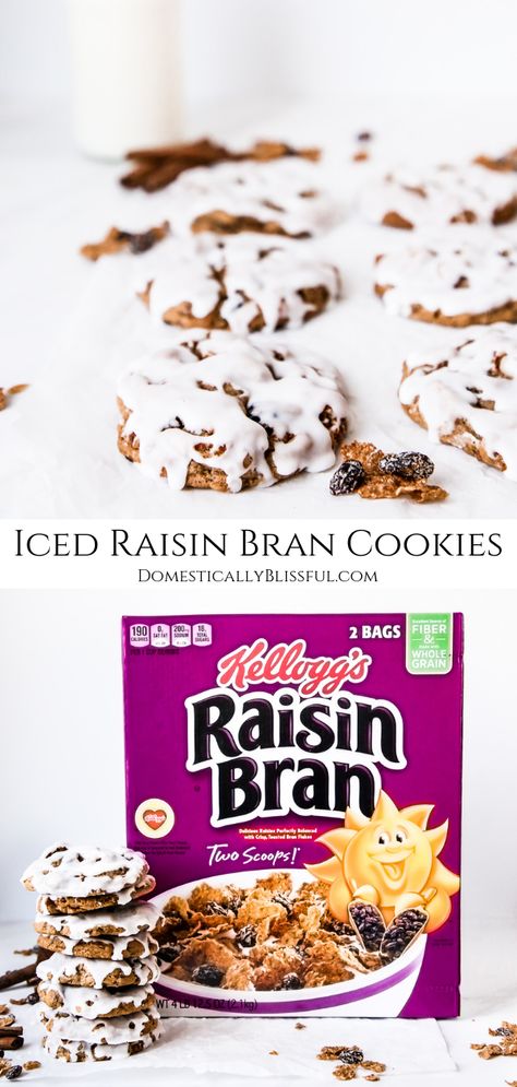 These Iced Raisin Bran Cookies are the perfect holiday cookie recipe with its chewy center, crisp edges, sweet cinnamon flavor, & snowy icing. Raisin Bran Cereal Cookies, Raisin Bran Recipes, Raisin Bran Cookies, Bran Cookies Recipe, Bran Cookies, Raisin Bran Cereal, Domestically Blissful, Raisin Bran, Cereal Cookies