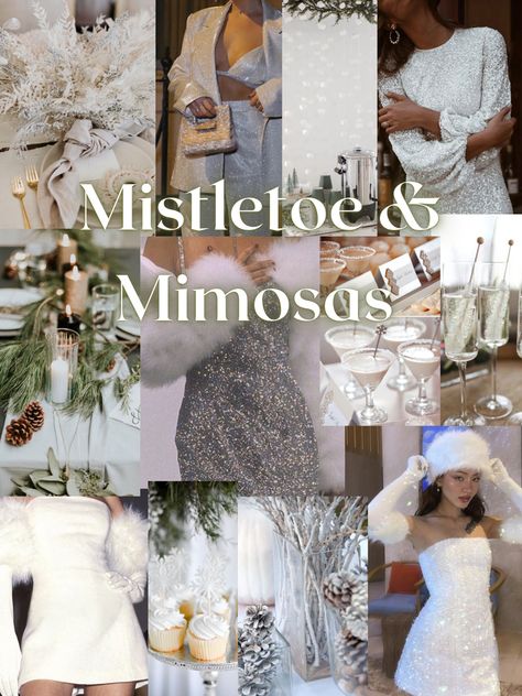 Mistletoe and Mimosas | White Decor Party Idea | Greenery Decor | Snow Party Theme | December Party Idea | Bachelorette Party Theme | Birthday Party | Bridal Shower | Mood Board | Inspo Board | Cocktails | Feathers | Glam Dress | Party Decor | Winter Winter Wedding Bachelorette Party, Bridal Shower Ideas Winter Themed, Winter Hen Party, White Christmas Bridal Shower Ideas, Mistletoe And Mimosas Party, December Bachelorette Party Ideas, Bachelorette Christmas Theme, Christmas Theme Bachelorette, Christmas Party Mood Board